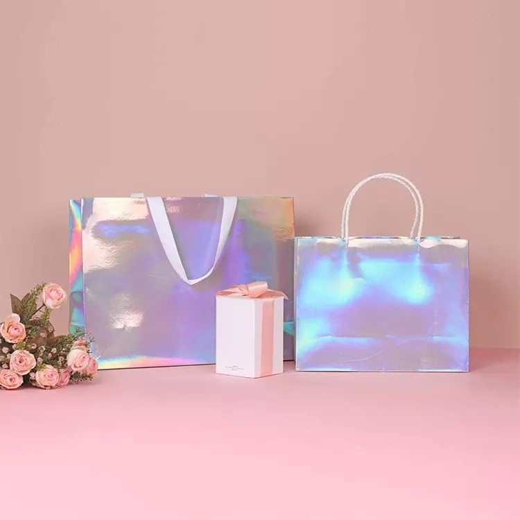 Glitter Silver Foil Clothing Carrier Bags Holographic Cmyk Color