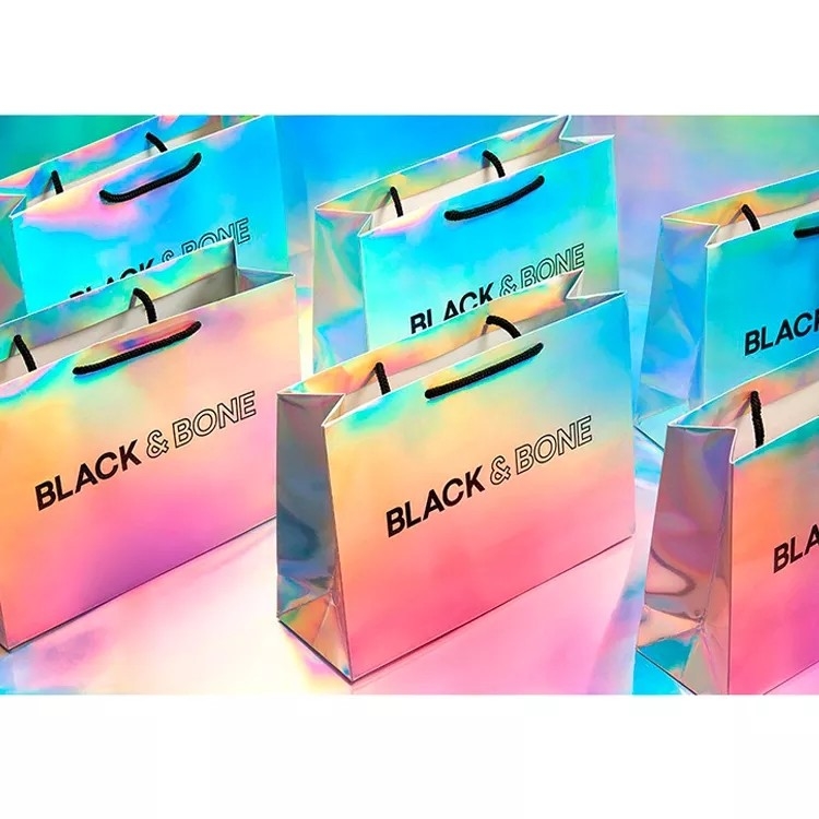 Glitter Silver Foil Clothing Carrier Bags Holographic Cmyk Color