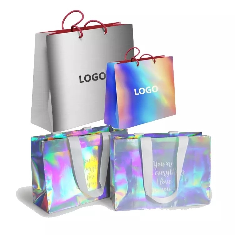 Glitter Silver Foil Clothing Carrier Bags Holographic Cmyk Color